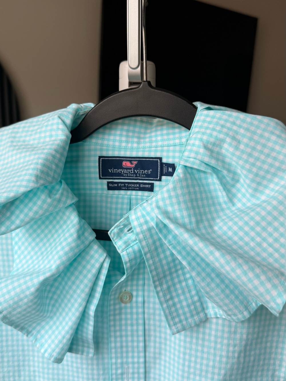 Reloved Upcycled Ruffle Collar Button Down Shirt Vineyard Vines Aqua Gingham - Picture 2 of 11